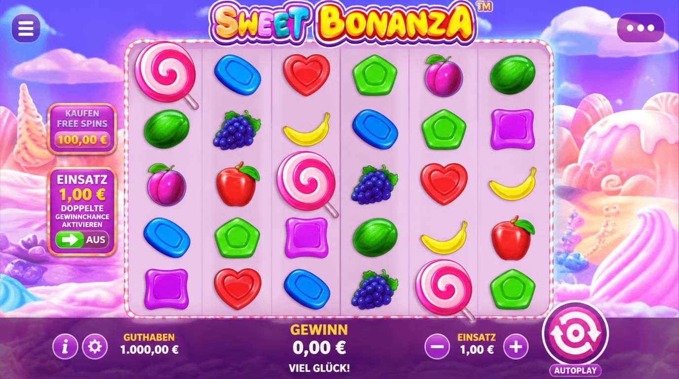 Interface von Sweet Bonanza mit Bonbons und klarer Bedienung, Pastellfarben und großen Buttons