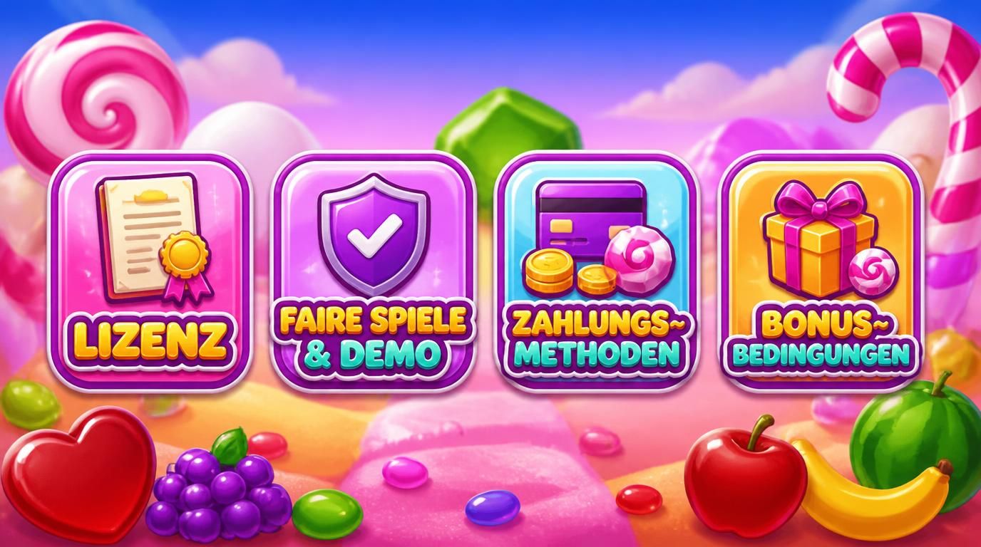 Vier Kriterien dargestellt als Icons: Lizenz, Demo-Spiel, transparente Zahlungen, faire Bonusbedingungen