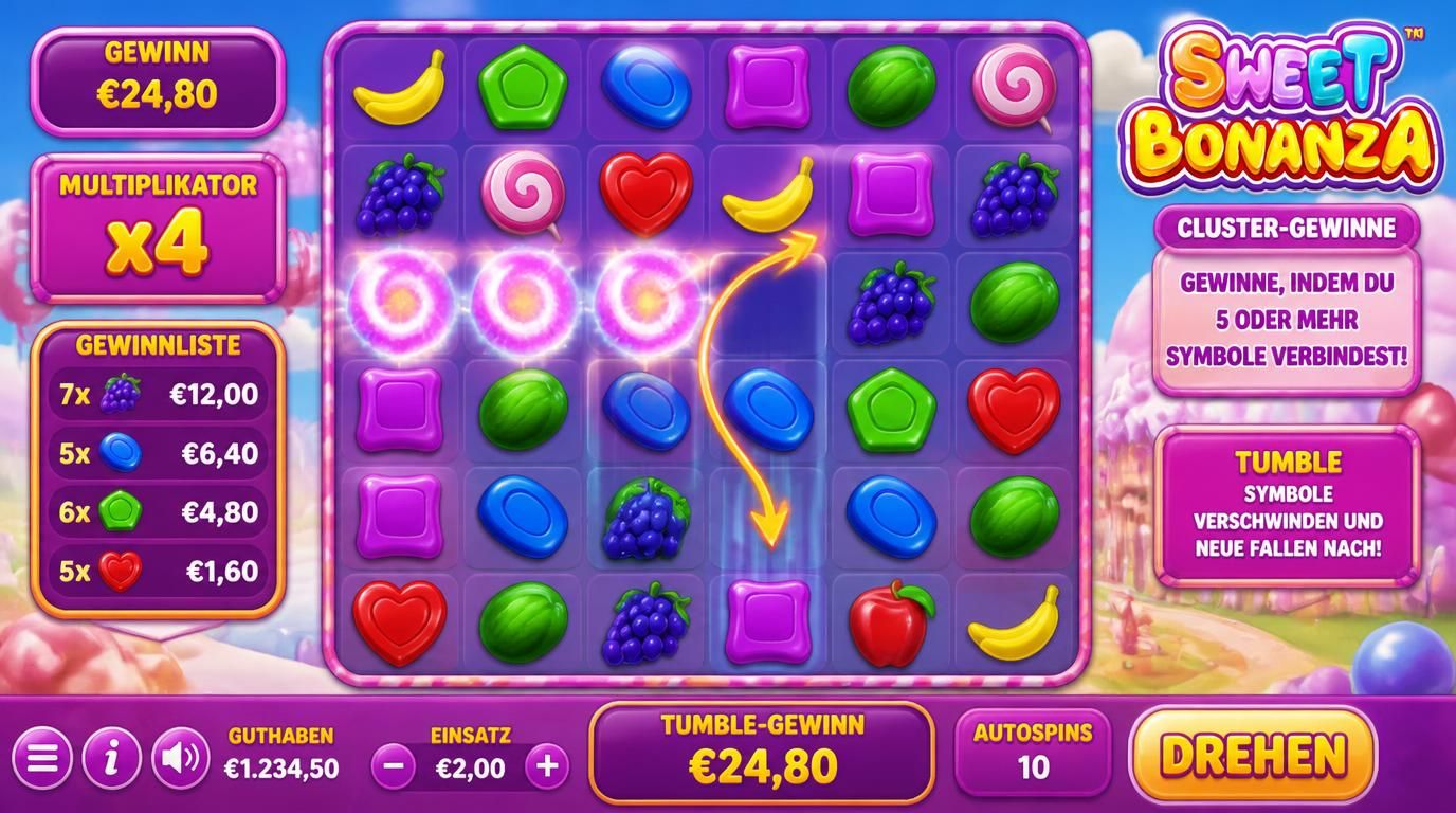 Das 6×5 Raster mit Bonbons, Cluster-Gewinn und fallenden Symbolen Tumble-Funktion