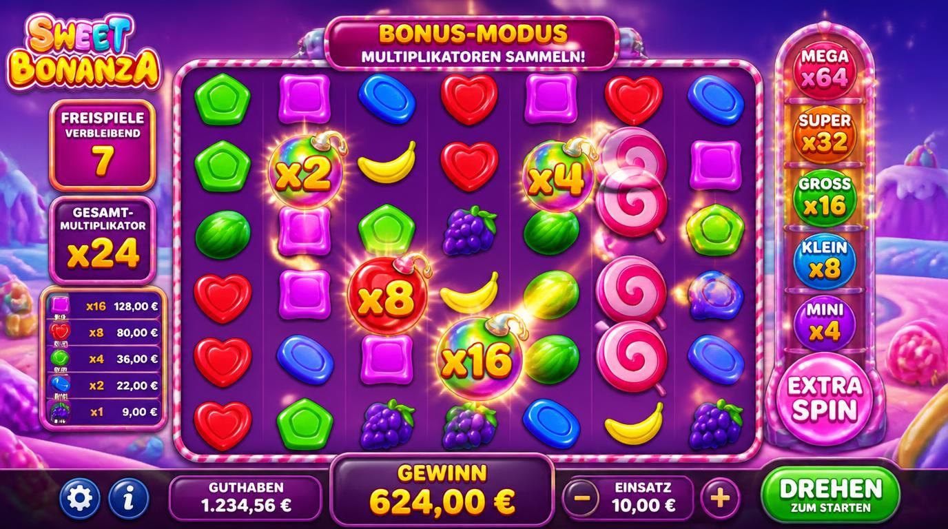 Bonus-Modus mit Freispielen und Multiplikatoren, Spannung sichtbar gemacht im Bonbon-Look