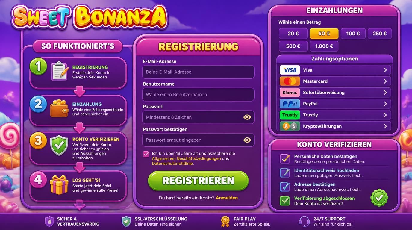 Registrierung, Einzahlung und Start des Spiels in Sweet Bonanza Online Casino Showroom