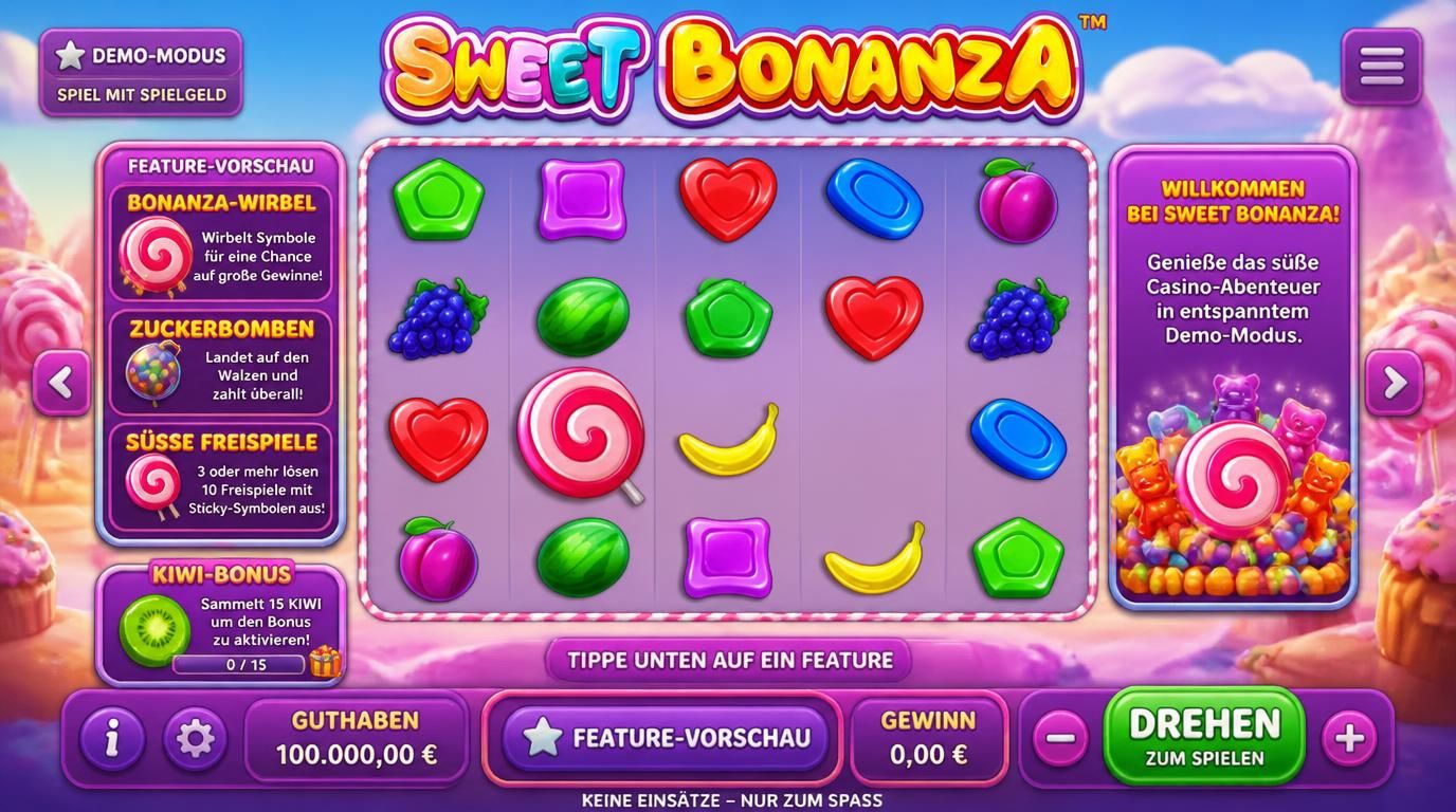 Demo-Modus ohne echtes Geld, Fokus auf Features und Spielgefühl, entspannte Atmosphäre